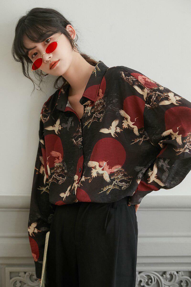 Y2K Bird Pattern Long Sleeve Shirt - Retro 90s Grunge Style Top