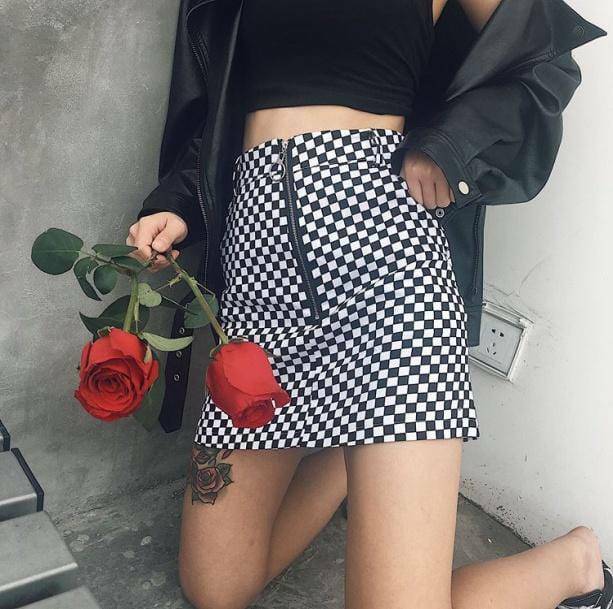 Y2K Black and White Checkerboard Skirt - Retro Grunge Summer Outfit