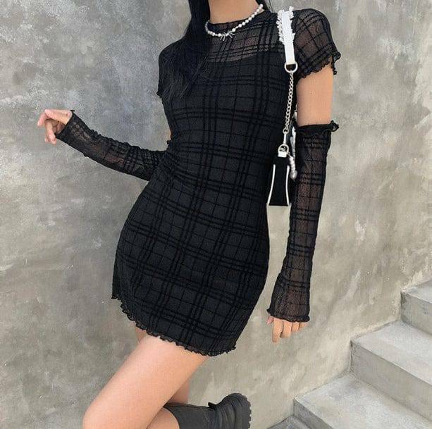 Y2K Black Plaid Mini Dress - Retro Grunge Summer Outfit for Trendy Women