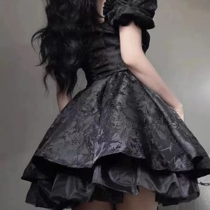 Y2K Black Princess Mini Dress - Retro Grunge Summer Party Outfit