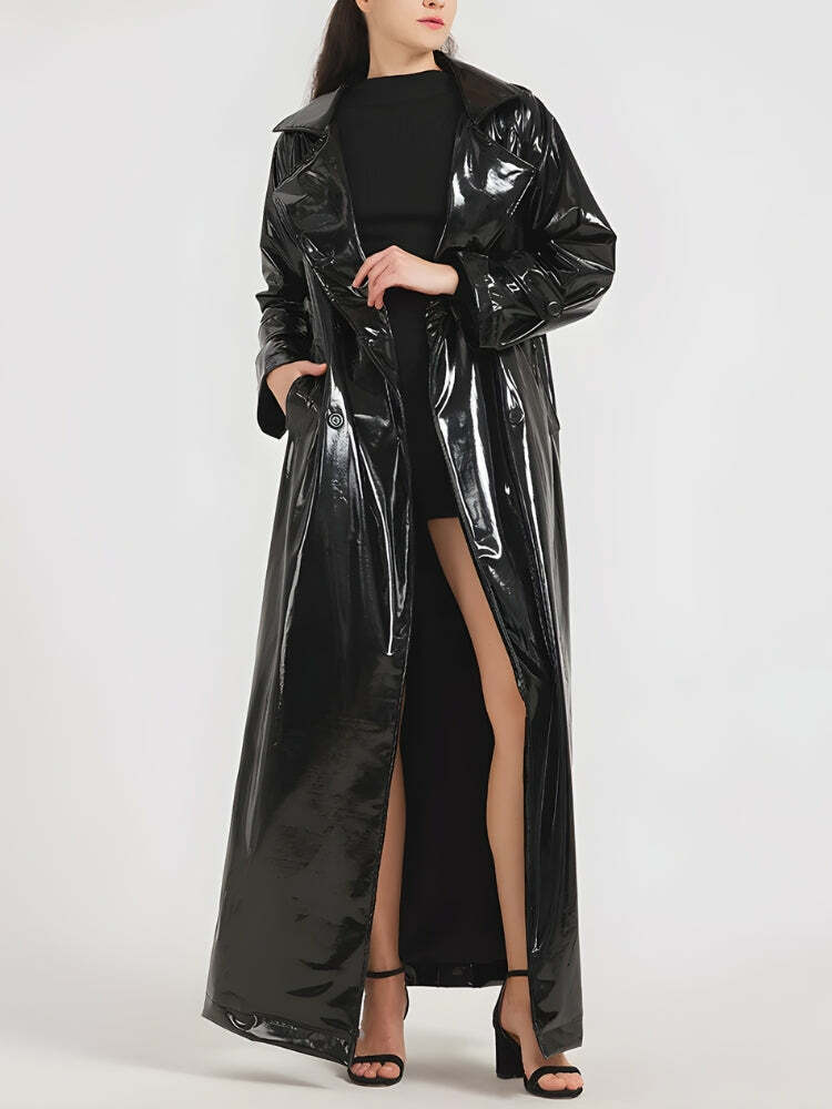 Y2K Black Trench Coat: Retro Grunge Style for Y2K Fashion Lovers