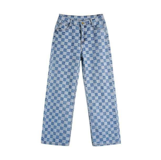 Y2K Blue Checkered Jeans: Retro 90s Grunge Outfit Essential