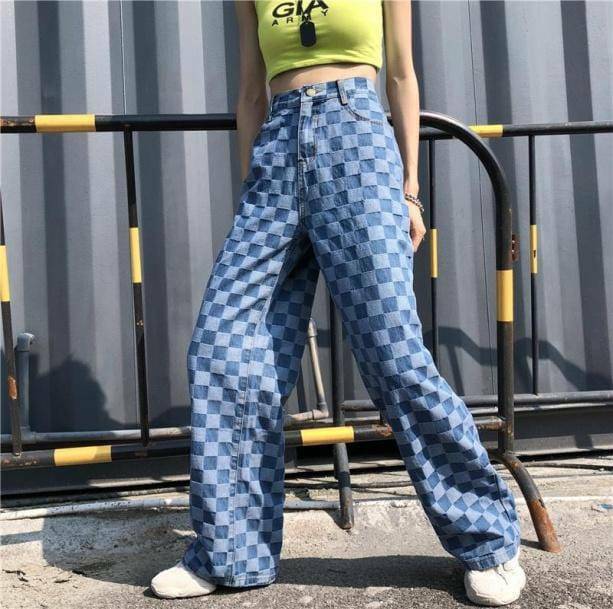 Y2K Blue Checkered Jeans: Retro 90s Grunge Outfit Essential