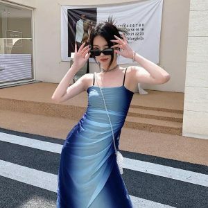 Y2K Blue Gradient Strappy Midi Dress for Summer Y2K Fashion Vibes