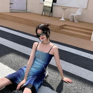 Y2K Blue Gradient Strappy Midi Dress for Summer Y2K Fashion Vibes