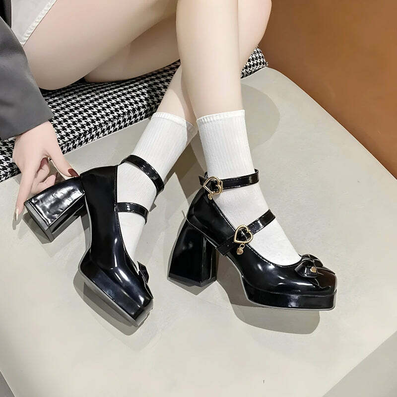 Y2K Bow & Heart Mary Jane High Heels for Retro Summer Outfits