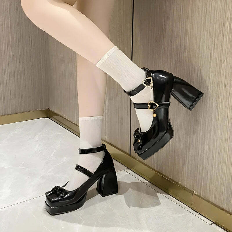 Y2K Bow & Heart Mary Jane High Heels for Retro Summer Outfits