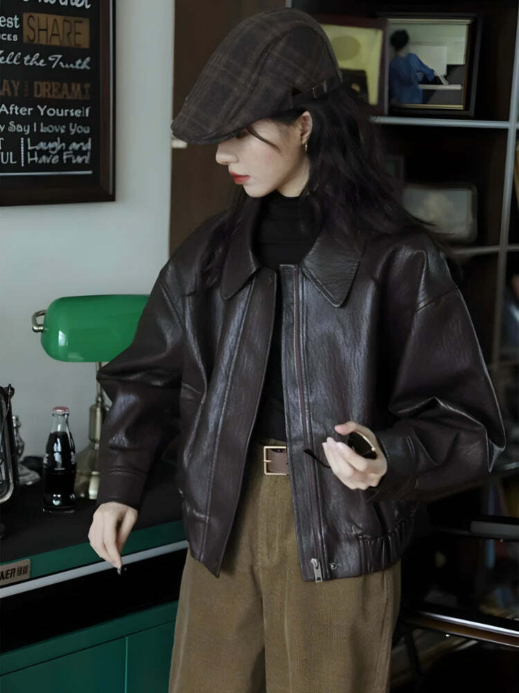 Y2K Brown Faux Leather Jacket for Retro 90s Grunge Summer Outfits