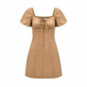 Y2K Brown Mini Dress with Puffy Sleeves for Retro Summer Vibes