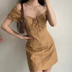 Y2K Brown Mini Dress with Puffy Sleeves for Retro Summer Vibes