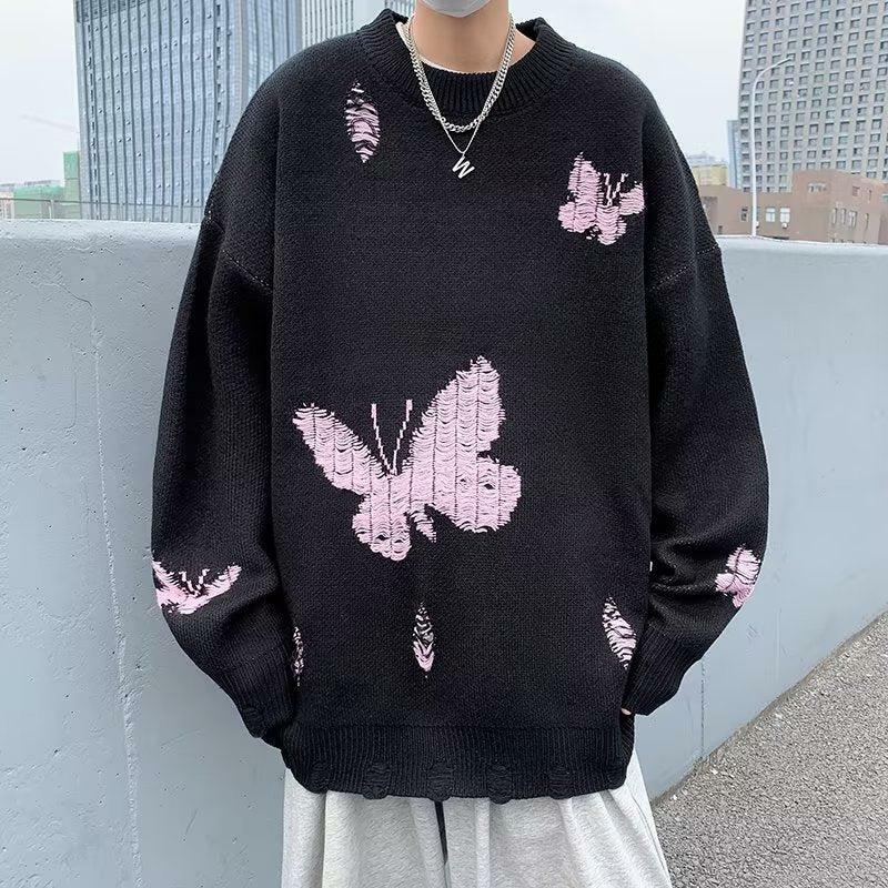 Y2K Butterfly Distressed Knitted Sweater for Retro Summer Vibes