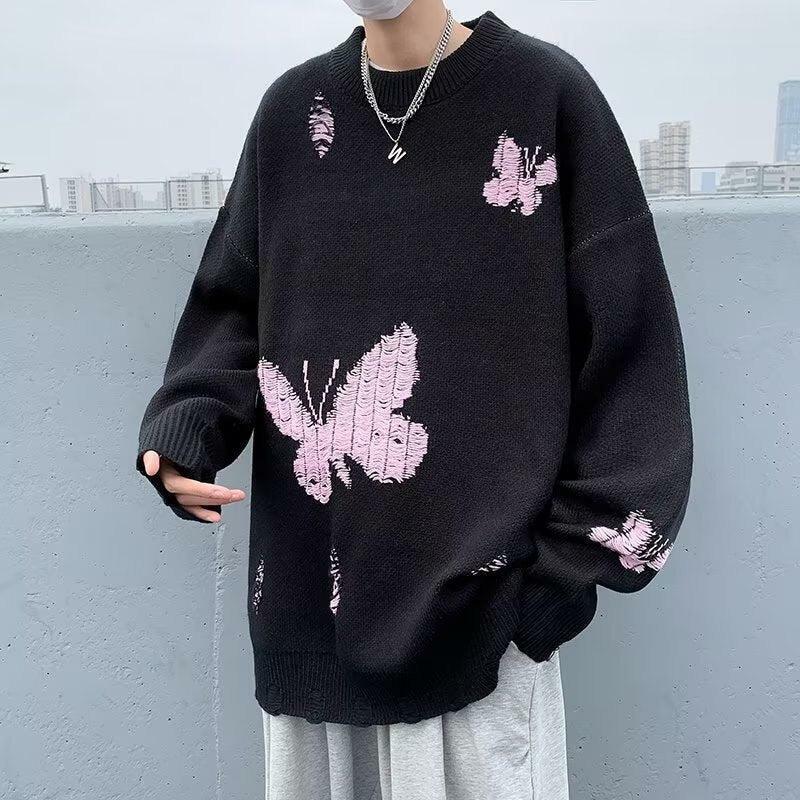 Y2K Butterfly Distressed Knitted Sweater for Retro Summer Vibes