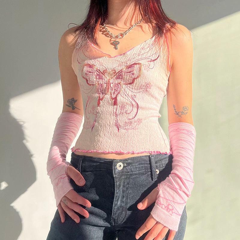 Y2K Butterfly Pink Crop Top - Trendy Y2K Summer Outfit Essential