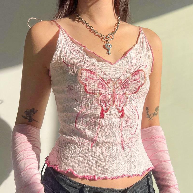 Y2K Butterfly Pink Crop Top - Trendy Y2K Summer Outfit Essential