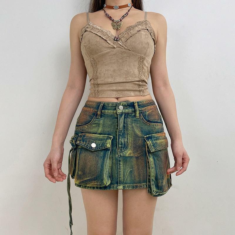 Y2K Cargo Denim Mini Skirt - Trendy 90s Grunge Summer Outfit