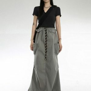 Y2K Cargo Pockets Parachute Maxi Skirt for Trendy Summer Outfits