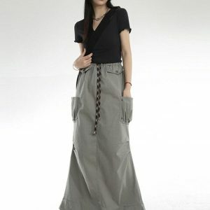 Y2K Cargo Pockets Parachute Maxi Skirt for Trendy Summer Outfits