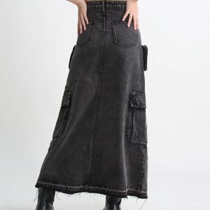 Y2K Cargo Split Denim Midi Skirt - Retro 90s Grunge Summer Style