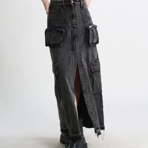 Y2K Cargo Split Denim Midi Skirt - Retro 90s Grunge Summer Style