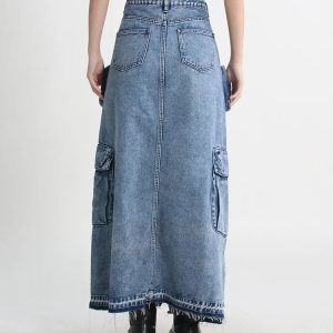 Y2K Cargo Split Denim Midi Skirt - Retro 90s Grunge Summer Style