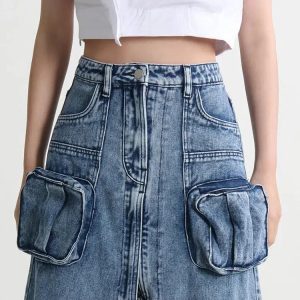 Y2K Cargo Split Denim Midi Skirt - Retro 90s Grunge Summer Style