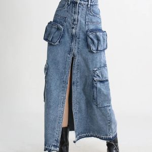 Y2K Cargo Split Denim Midi Skirt - Retro 90s Grunge Summer Style