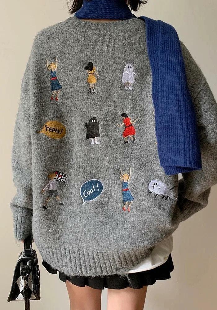 Y2K Cartoon Embroidered Knitted Sweater for Retro Summer Vibes