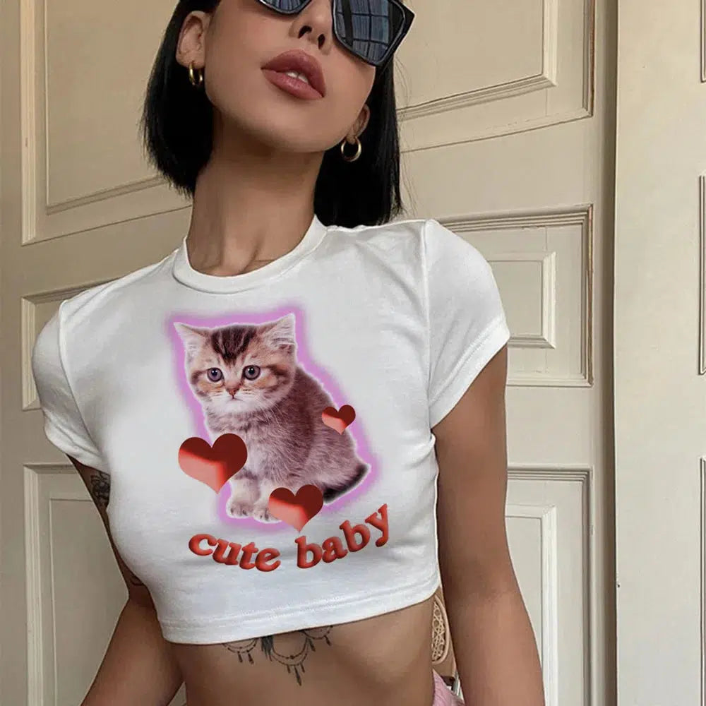 Y2K Cat Baby Tee: Retro 90s Grunge Top for Summer Outfits