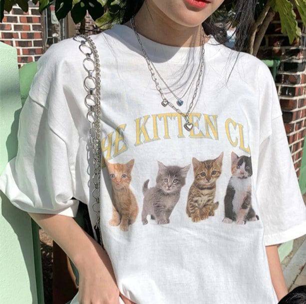 Y2K Cat Club Graphic Tee - Retro 90s Summer Outfit Essential