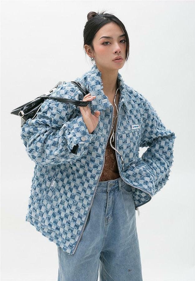 Y2K Checkered Zip Up Jacket - Retro Grunge Style for Summer Outfits