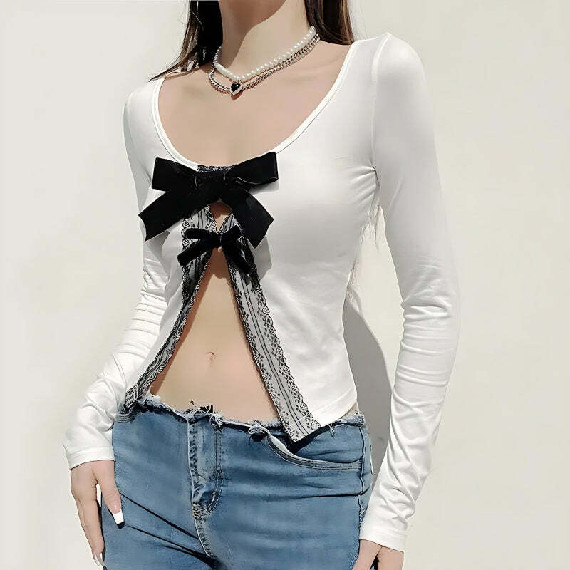 Y2K Coquette Bow Open Front Top - Trendy Summer Outfit for Women