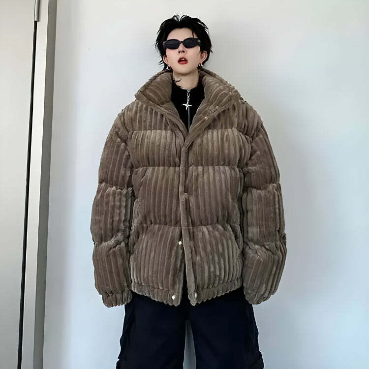 Y2K Corduroy Buttoned Puffer Jacket for Retro 90s Grunge Style