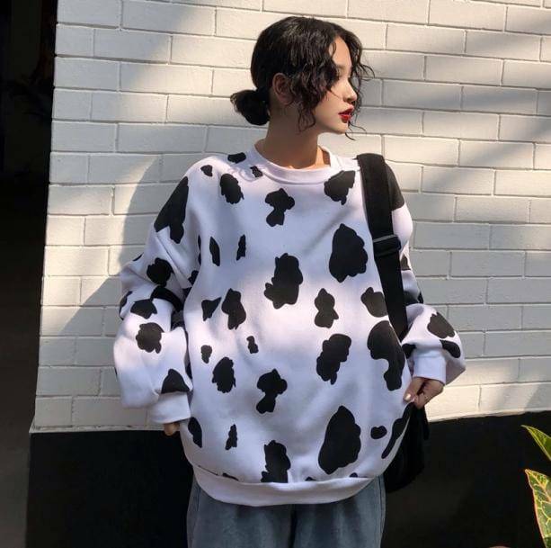 Y2K Cow Print Oversized Sweatshirt for Trendy Summer Outfits