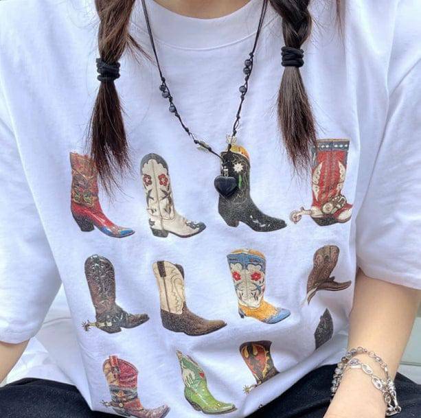 Y2K Cowboy Boots Graphic Tee - Retro 90s Summer Outfit Essential