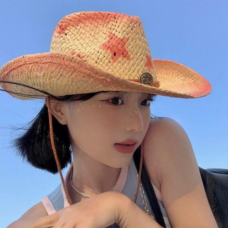 Y2K Cowgirl Adjustable Woven Straw Hat for Retro Summer Vibes