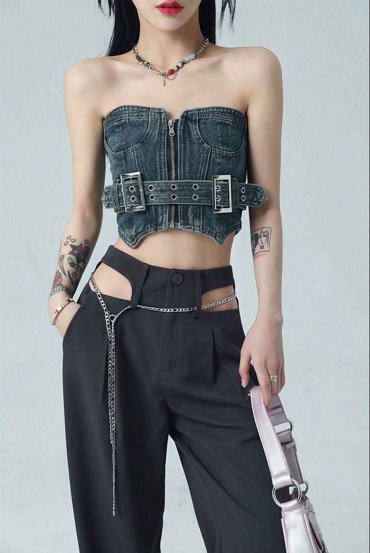 Y2K Cowgirl Crop Denim Tube Top for Retro Summer Outfits