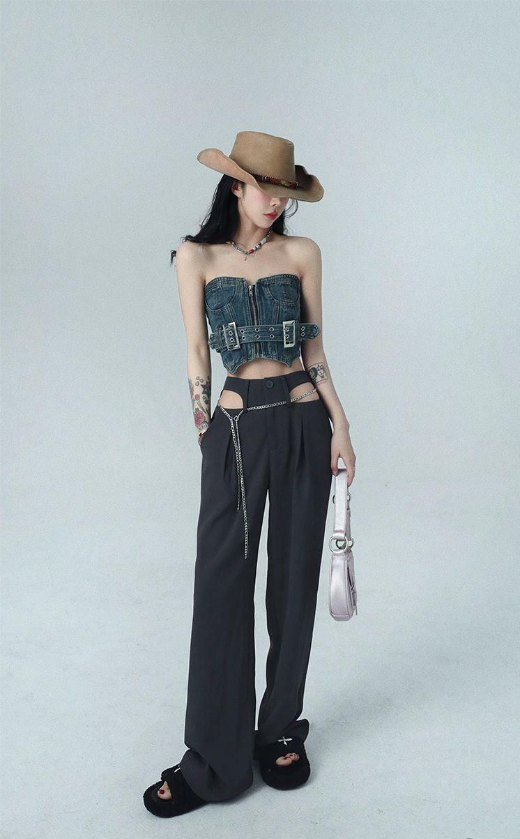 Y2K Cowgirl Crop Denim Tube Top for Retro Summer Outfits