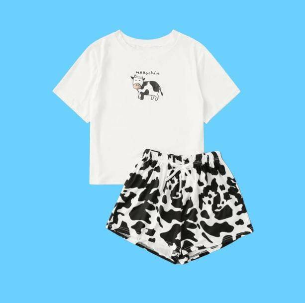 Y2K Cow's Milk Pajama Set - Retro 90s Grunge Summer Sleepwear Outfit