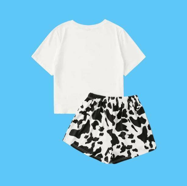 Y2K Cow's Milk Pajama Set - Retro 90s Grunge Summer Sleepwear Outfit