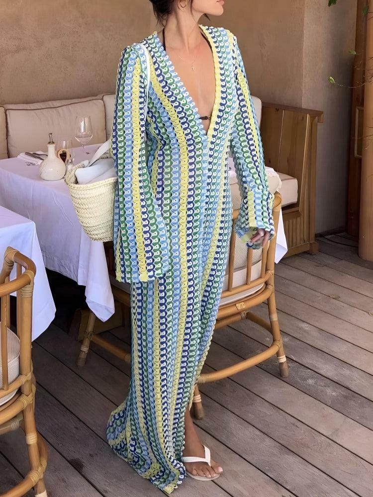 Y2K Crochet Striped Plunge Neck Maxi Dress for Summer Vibes