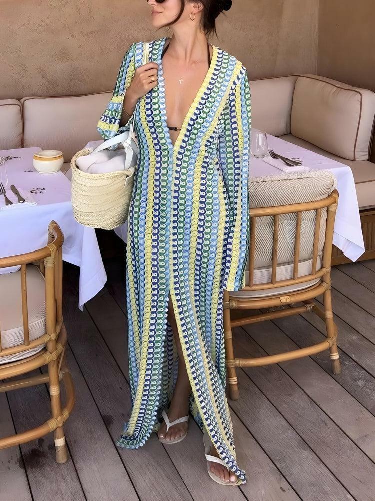 Y2K Crochet Striped Plunge Neck Maxi Dress for Summer Vibes