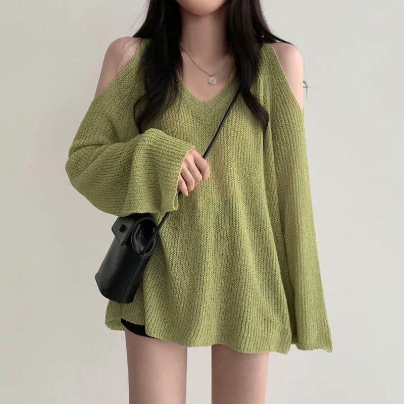 Y2K Cut-Out Shoulder Loose Knit Sweater for Trendy Summer Vibes