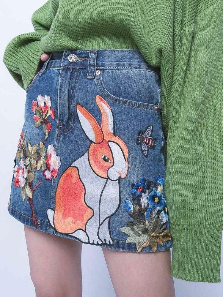 Y2K Cute Rabbit Denim Mini Skirt for Trendy Summer Outfits