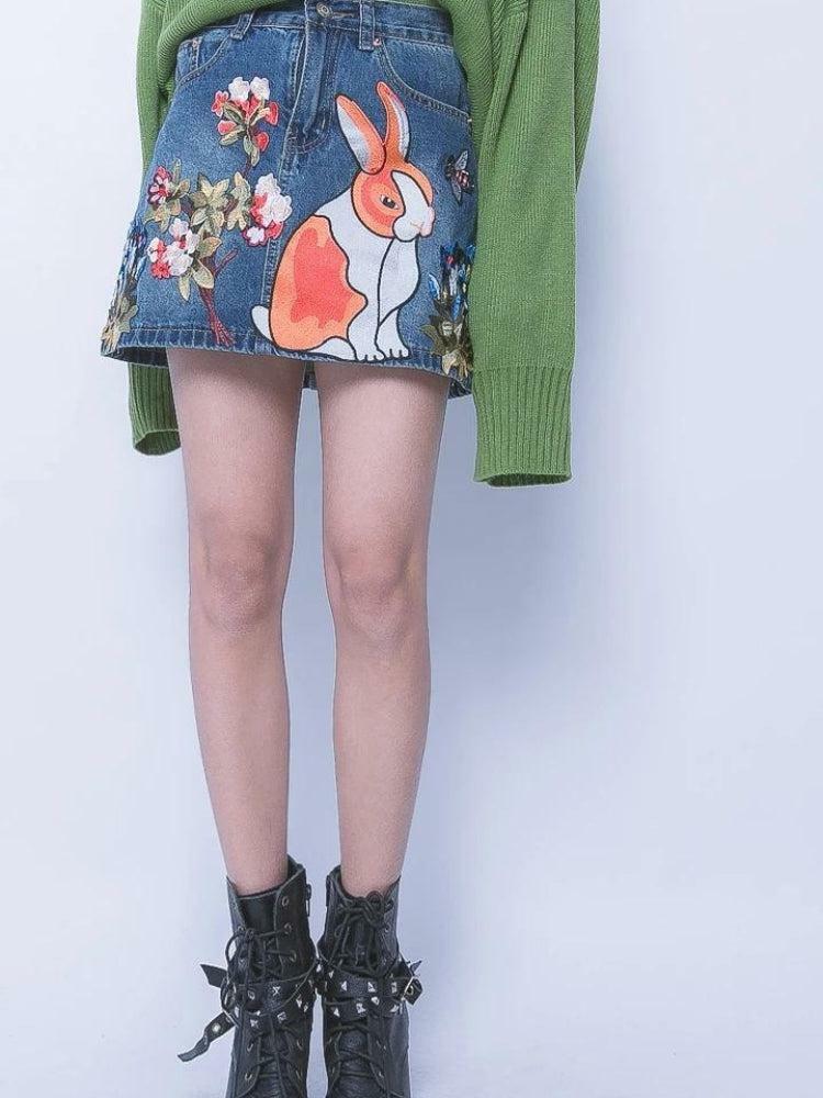 Y2K Cute Rabbit Denim Mini Skirt for Trendy Summer Outfits