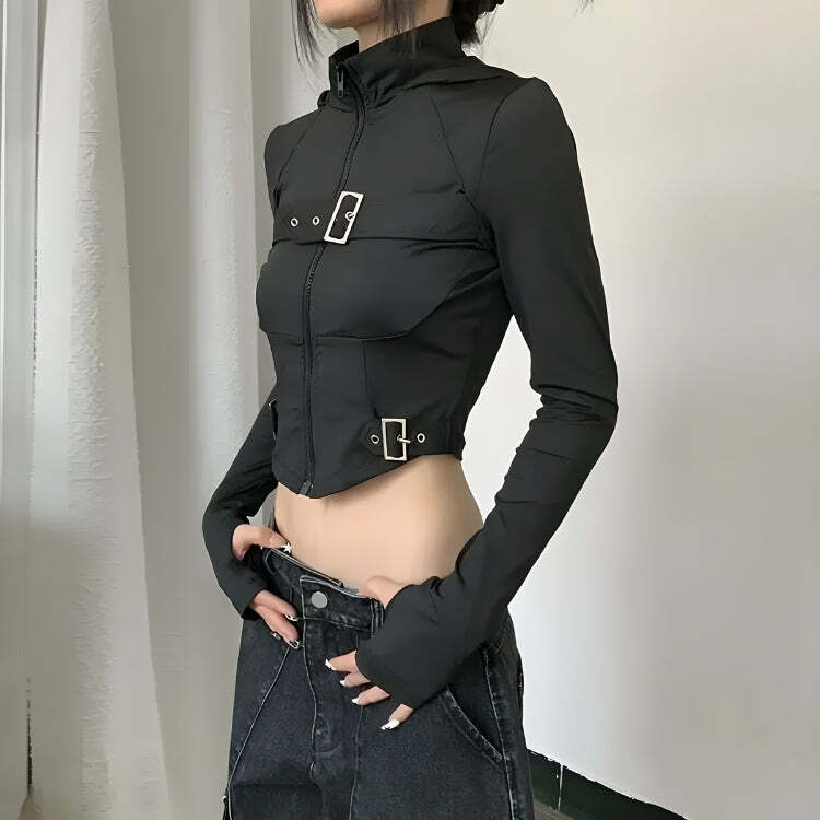 Y2K Cyberpunk Belted Zip-Up Crop Jacket for Trendy Summer Outfits