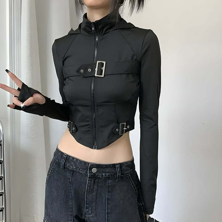 Y2K Cyberpunk Belted Zip-Up Crop Jacket for Trendy Summer Outfits