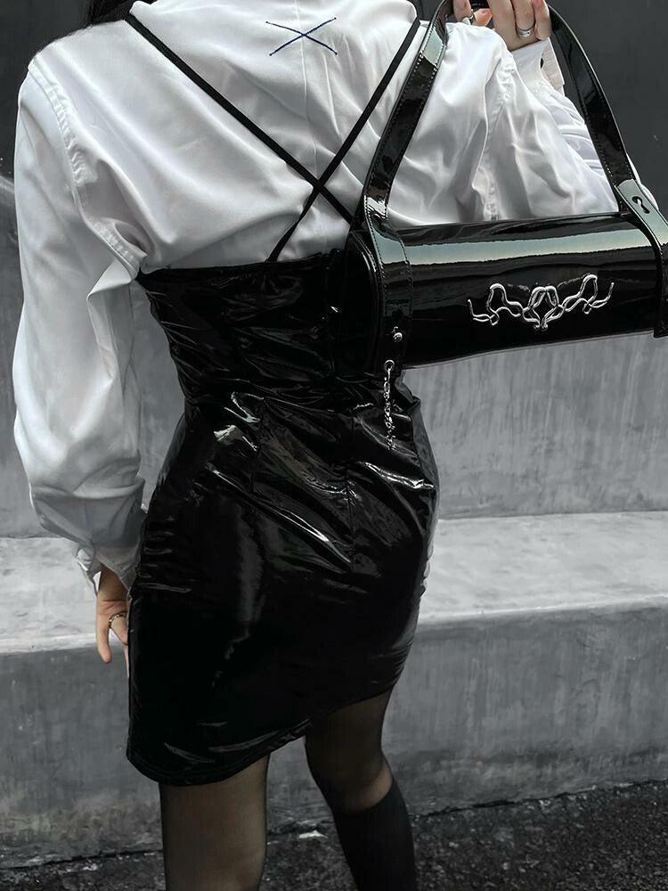 Y2K Cyberpunk Faux Patent Leather Mini Dress for Edgy Summer Nights