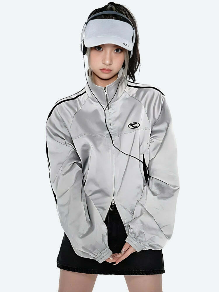 Y2K Cyberpunk Reflective Double Zip-Up Jacket for Trendy Summer Outfits