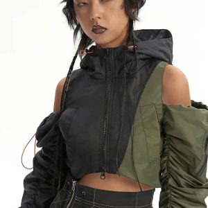 Y2K Cyberpunk Ruched Sleeve Puffer Jacket for Trendy Summer Outfits