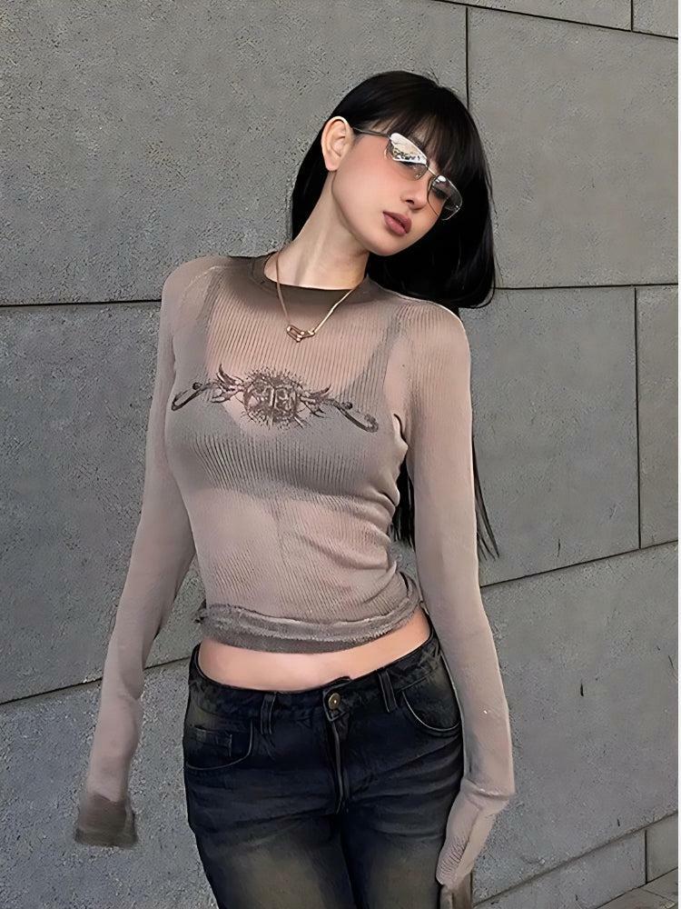 Y2K Cyberpunk Sheer Top with Sigil Design for Trendy Summer Outfits